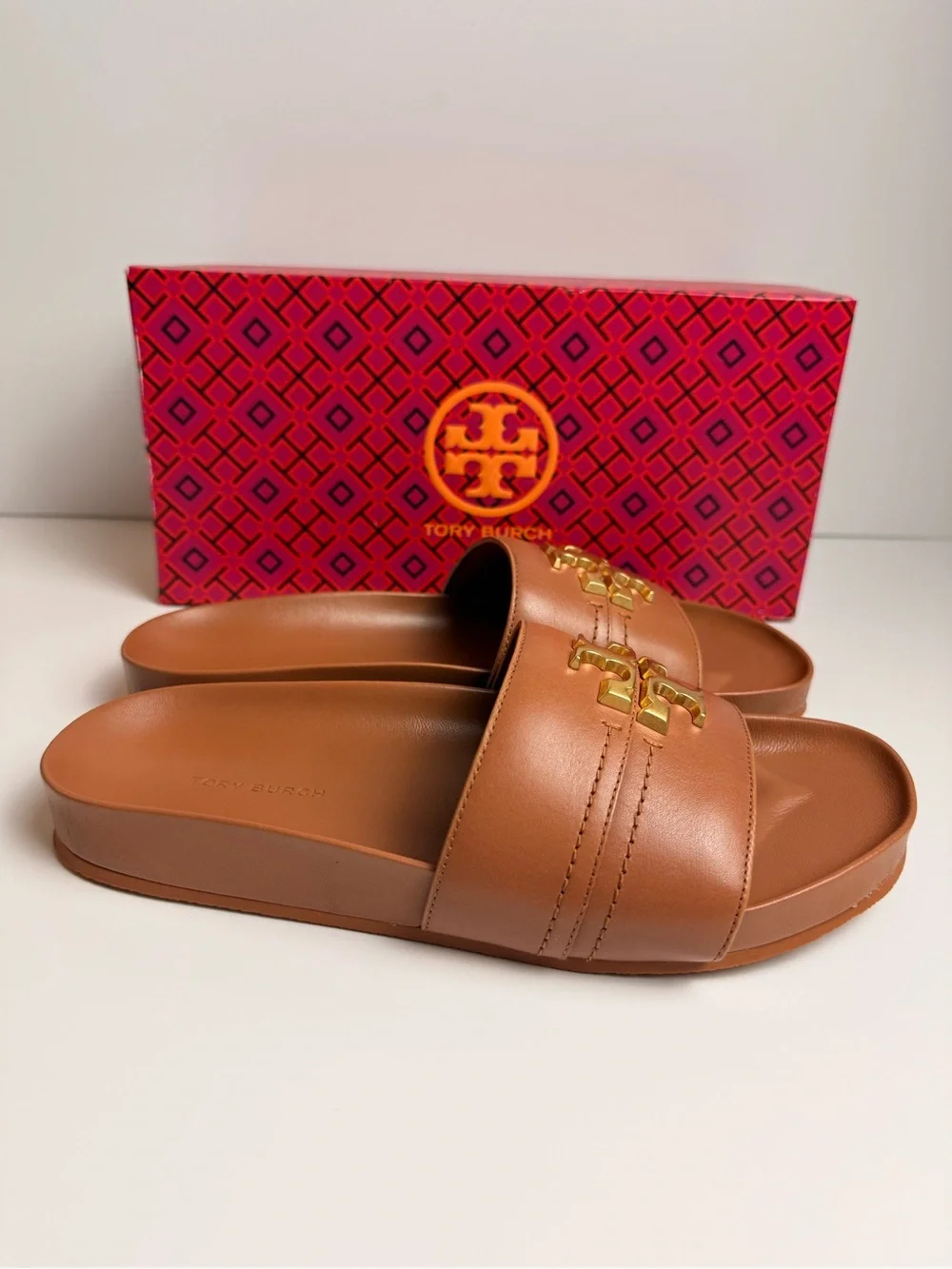 Tory Burch Everly Anatomic Cloud Slide Sandals Ambra Brown Leather Gold Logo 8
